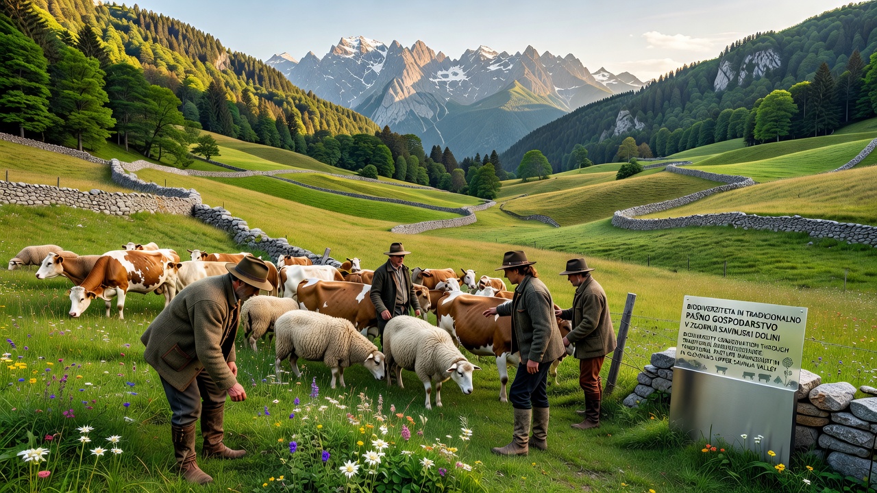 Close-up of diverse wildflowers and grazing sheep on managed alpine pasture in the Upper Savinja Valley