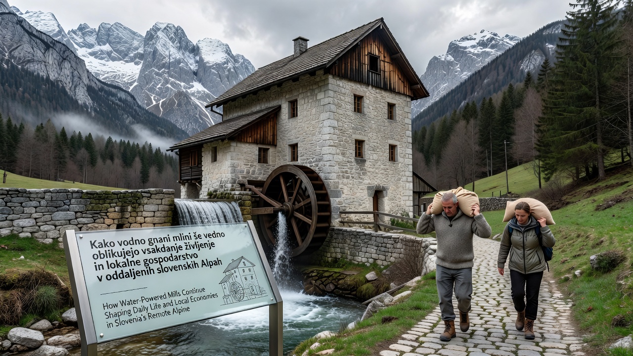 Interior view of a functioning water mill showing wooden machinery and flowing water channel in Slovenia