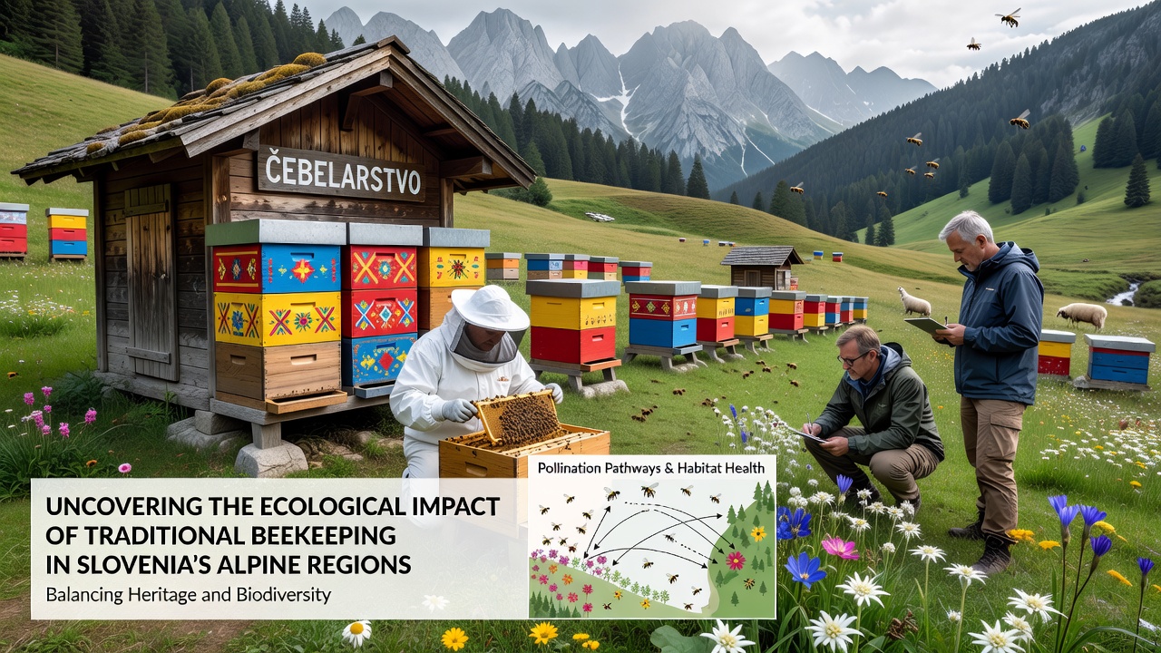 Close-up of Carniolan honey bees on native Alpine wildflowers with snow-capped peaks visible in the background
